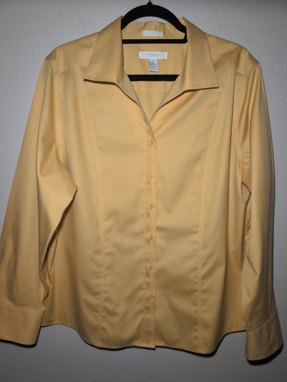 Chicos Blouse Womens 16 Yellow Sateen No-Iron Cotton Professional Career Fitted